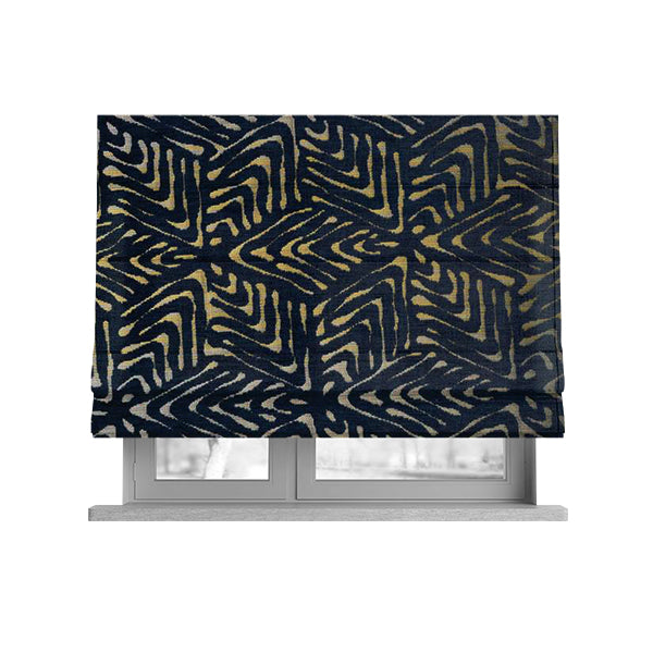 Hollywood Navy Blue Gold Shiny Geometric 3D Chequer Cube Design Soft Chenille Upholstery Fabric JO-248 - Roman Blinds