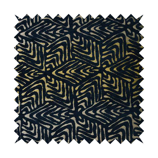 Hollywood Navy Blue Gold Shiny Geometric 3D Chequer Cube Design Soft Chenille Upholstery Fabric JO-248