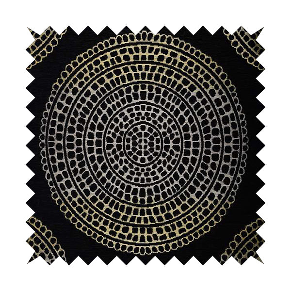 Hollywood Black Gold Shiny Circle Shaped Bulls Eye Design Soft Chenille Upholstery Fabric JO-249