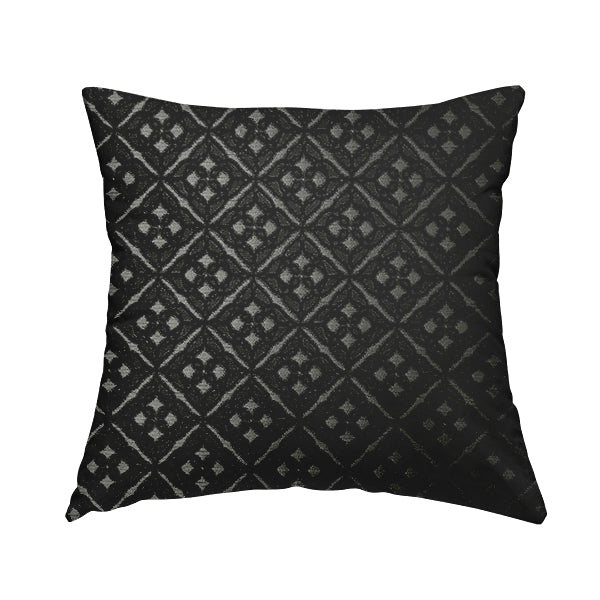 Azima Small Medallion Geometric Pattern Black Silver Shine Upholstery Fabric JO-334 - Handmade Cushions