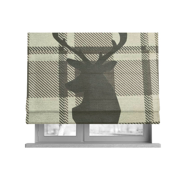 Brown Beige Stag Head Animal On Background Checked Pattern Soft Woven Quality Upholstery Fabric JO-434 - Roman Blinds