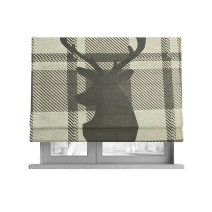 Brown Beige Stag Head Animal On Background Checked Pattern Soft Woven Quality Upholstery Fabric JO-434 - Roman Blinds