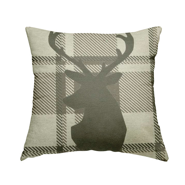 Brown Beige Stag Head Animal On Background Checked Pattern Soft Woven Quality Upholstery Fabric JO-434 - Handmade Cushions