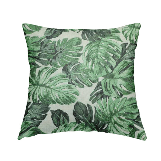 Fantasque Leaf Inspired Pattern White Green Colour Chenille Fabric JO-462 - Handmade Cushions