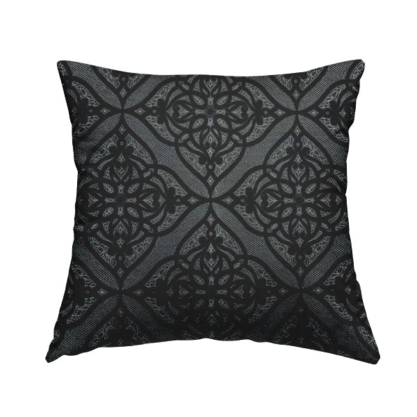 Vegas Black Silver Shine Effect Geometric Large Pattern Medallion Soft Chenille Upholstery Fabric JO-475 - Handmade Cushions