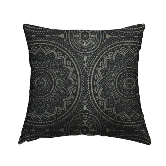 Vegas Black Gold Shine Effect Large Pattern Medallion Soft Chenille Upholstery Fabric JO-493 - Handmade Cushions
