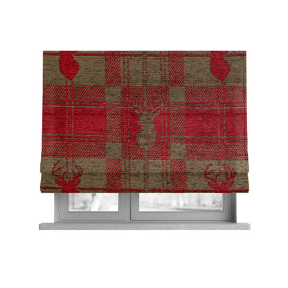 Highland Collection Luxury Soft Like Cotton Feel Stag Deer Head Animal Design On Checked Red On Brown Background Chenille Upholstery Fabric JO-508 - Roman Blinds