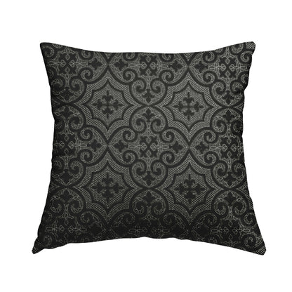 Vegas Black Silver Shine Effect Pattern Medallion Soft Chenille Upholstery Fabric JO-573 - Handmade Cushions