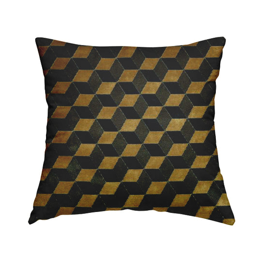 Akita Geometric 3D Pattern Velvet Fabric In Golden Yellow Blue Colour - Handmade Cushions