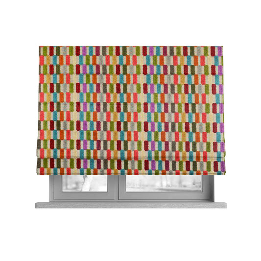Amazilia Velvet Collection Multi Coloured Geometric Block Pattern Soft Velvet Upholstery Fabric JO-683 - Roman Blinds