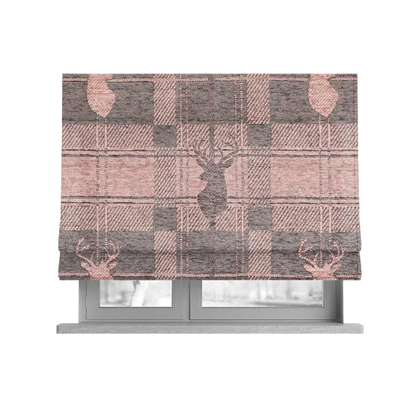 Highland Collection Luxury Soft Like Cotton Feel Stag Deer Head Animal Design On Checked Pink Brown Colour Background Chenille Upholstery Fabric JO-693 - Roman Blinds