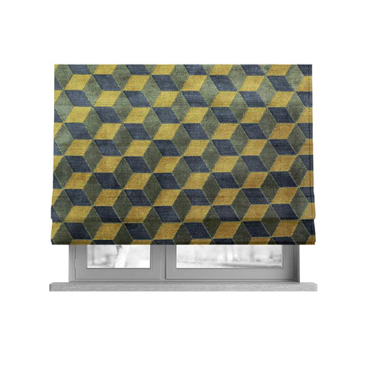 Akita Geometric 3D Pattern Velvet Fabric In Yellow Grey Colour - Roman Blinds