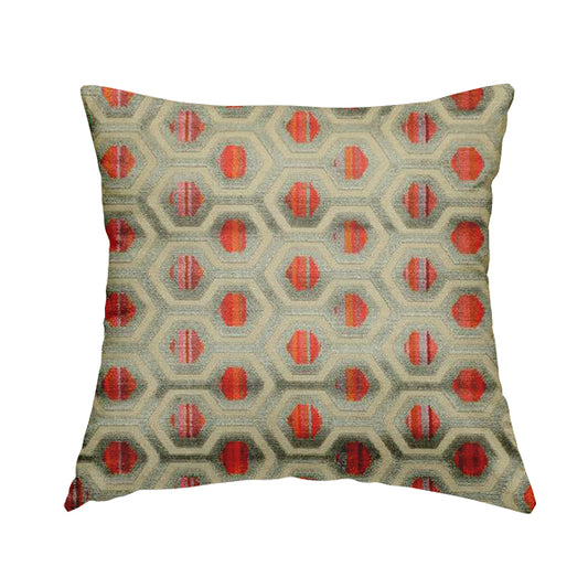 Modern Hexagon Pattern In Red Pink Grey Colour Velvet Upholstery Fabric JO-831 - Handmade Cushions