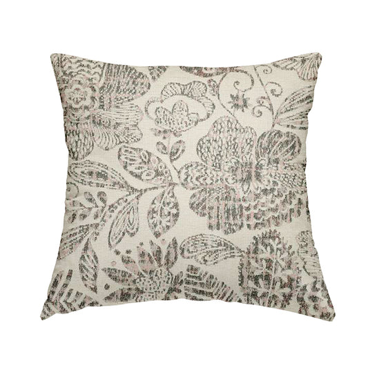 Floral Detailed Pattern In Pink Grey Colour Chenille Jacquard Furniture Fabric JO-929 - Handmade Cushions