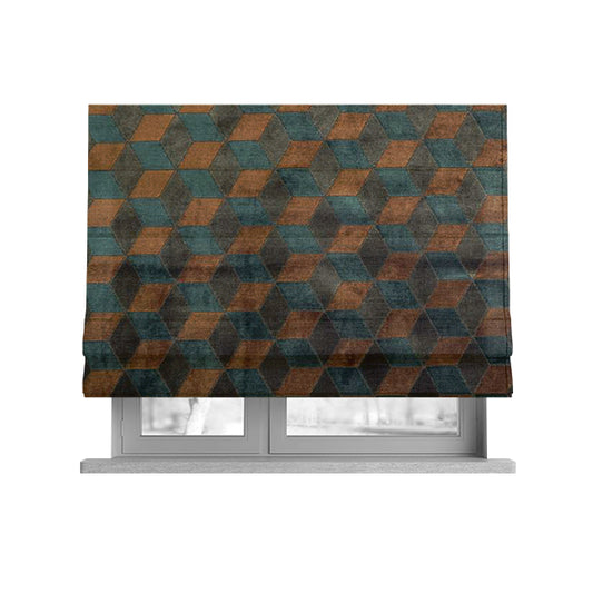 Akita Geometric 3D Pattern Velvet Fabric In Blue Orange Colour - Roman Blinds
