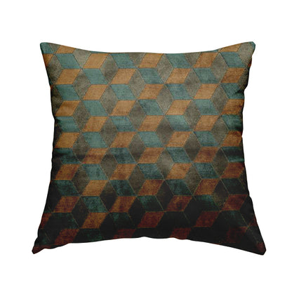 Akita Geometric 3D Pattern Velvet Fabric In Blue Orange Colour - Handmade Cushions