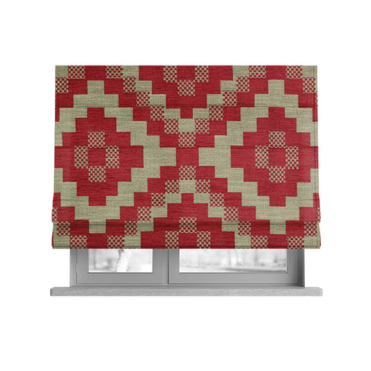 Red Cream Colour Cubed Tetris Pattern Furnishing Upholstery Fabric JO-1010 - Roman Blinds