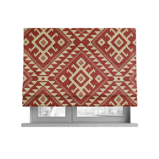 Red Cream Colour Kilim Tetris Pattern Furnishing Upholstery Fabric JO-1011 - Roman Blinds