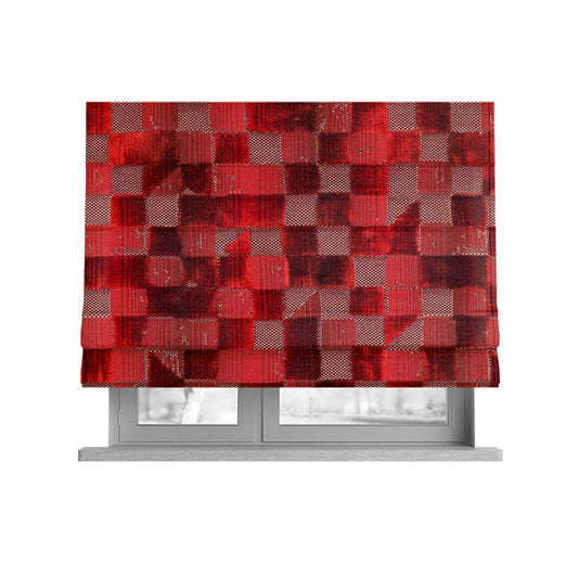 Red Colour Geometric Cubed Pattern Velvet Heavyweight Upholstery Fabric JO-1013 - Roman Blinds