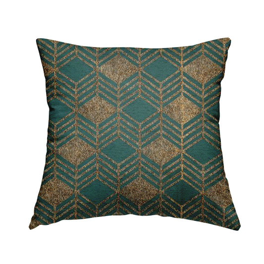 Teal Shiny Gold Colour Geometric Chevron Pattern Chenille Upholstery Fabric JO-1016 - Handmade Cushions