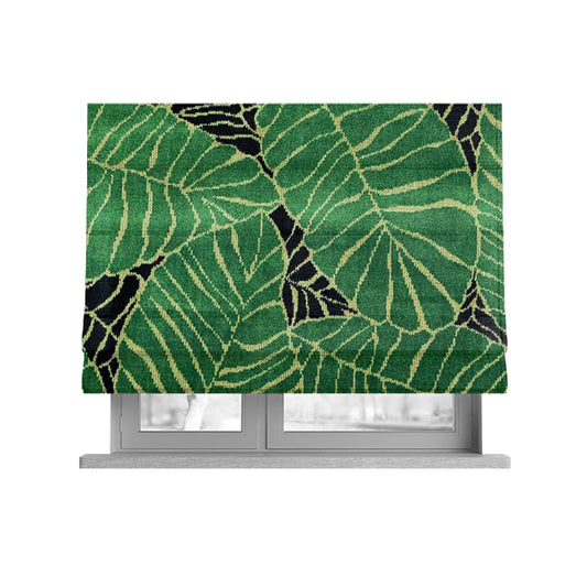 Green Black Colour Jungle Leafs Pattern Soft Velvet Upholstery Fabric JO-1020 - Roman Blinds