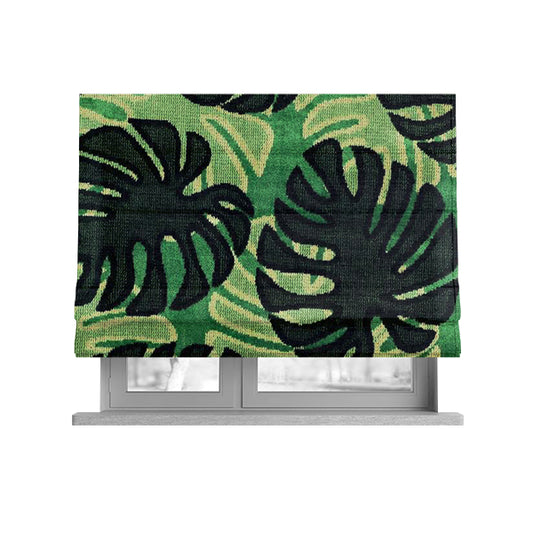 Green Black Colour Palm Leafs Pattern Soft Velvet Upholstery Fabric JO-1029 - Roman Blinds