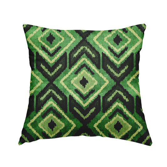 Green Black Cream Colour Squared Geometric Pattern Soft Velvet Upholstery Fabric JO-1040 - Handmade Cushions