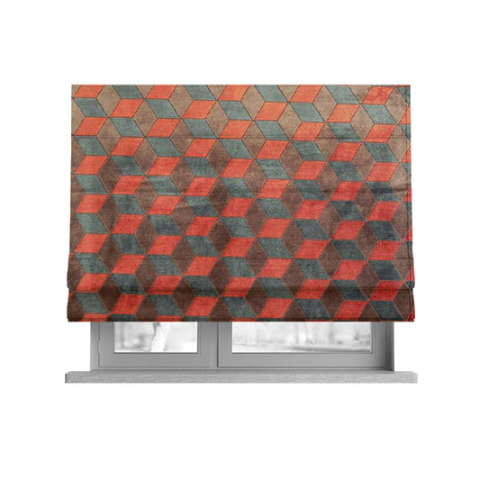 Akita Geometric 3D Pattern Velvet Fabric In Orange Grey Colour - Roman Blinds