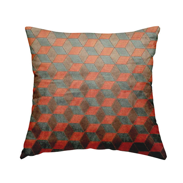 Akita Geometric 3D Pattern Velvet Fabric In Orange Grey Colour - Handmade Cushions