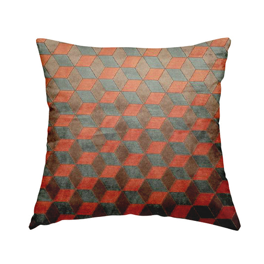 Akita Geometric 3D Pattern Velvet Fabric In Orange Grey Colour - Handmade Cushions