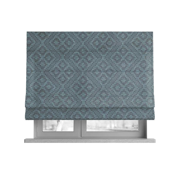 Trellis Geometric Symmetry Pattern Soft Boucle Textured Chenille Material Blue Grey Colour Upholstery Fabrics JO-1084 - Roman Blinds