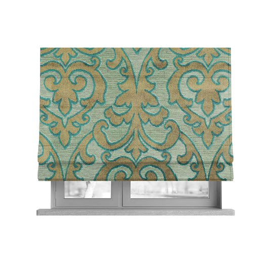 Fleur De Lis Theme Pattern Blue Beige Pattern Cut Velvet Upholstery Fabric JO-1098 - Roman Blinds