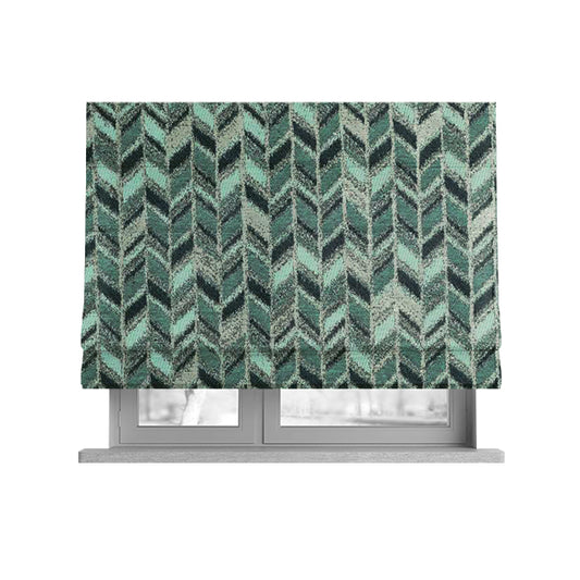 Shine Tone Teal Silver Colour Chevron Pattern Chenille Furnishing Upholstery Fabric JO-1101 - Roman Blinds