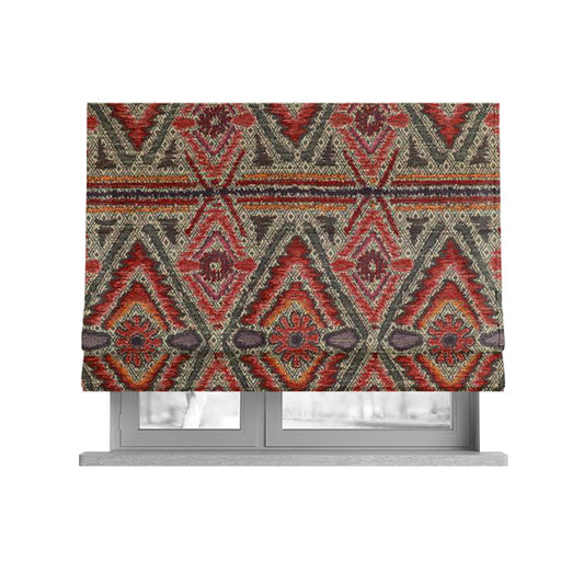Red Orange Purple Aztec Theme Pattern Chenille Upholstery Fabric JO-1112 - Roman Blinds