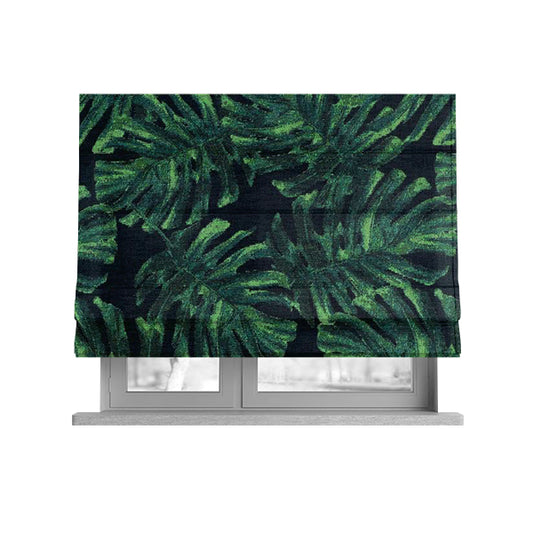 Jungle Leaf Pattern Green Blue Colour Soft Chenille Upholstery Fabric JO-1140 - Roman Blinds