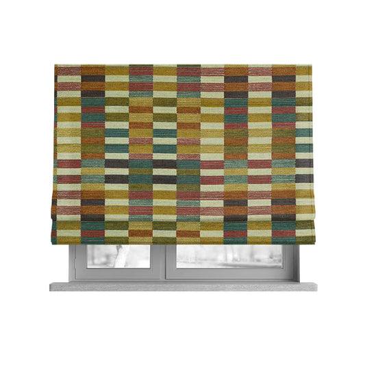 Multicoloured Brick Block Geometric Pattern Chenille Furnishing Upholstery Fabric JO-1163 - Roman Blinds