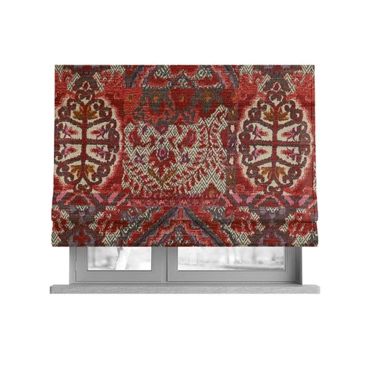 Red Cream Colour Medallion Patchwork Style Pattern Soft Chenille Upholstery Fabric JO-1173 - Roman Blinds