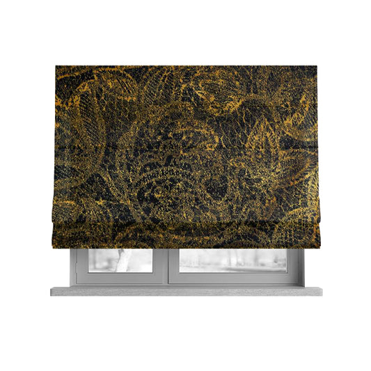 Floral Full Pattern Soft Velvet Black Yellow Gold Colour Upholstery Fabric JO-1197 - Roman Blinds