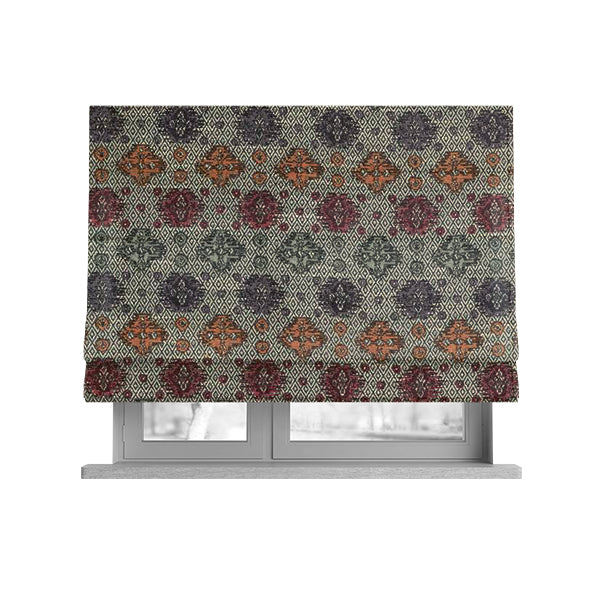 Grey Background With Multicolored Pattern Geometric Chenille Upholstery Fabric JO-1207 - Roman Blinds