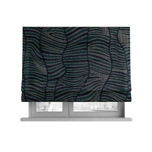 Wave Stripe Abstract Pattern Silver Blue Colour Chenille Upholstery Fabric JO-1209 - Roman Blinds