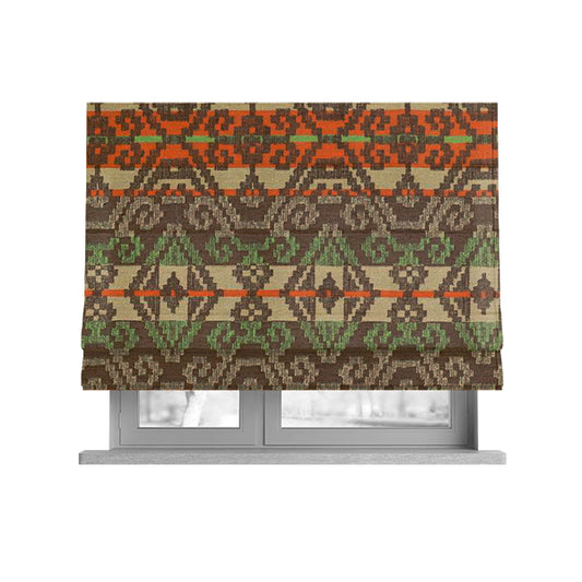 Brown Orange Green Colour Tribal Kilim Pattern Striped Chenille Furnishing Fabric JO-1218 - Roman Blinds