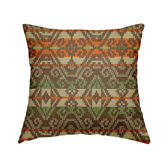 Brown Orange Green Colour Tribal Kilim Pattern Striped Chenille Furnishing Fabric JO-1218 - Handmade Cushions