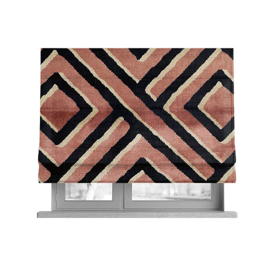Pink Black Cream Colour Geometric Pattern Soft Velvet Upholstery Fabric JO-1227 - Roman Blinds