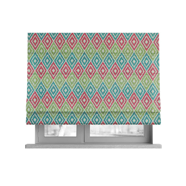 Diamond Geometric Modern Pattern Teal Pink Green Colour Chenille Curtains Upholstery Fabric JO-1249 - Roman Blinds