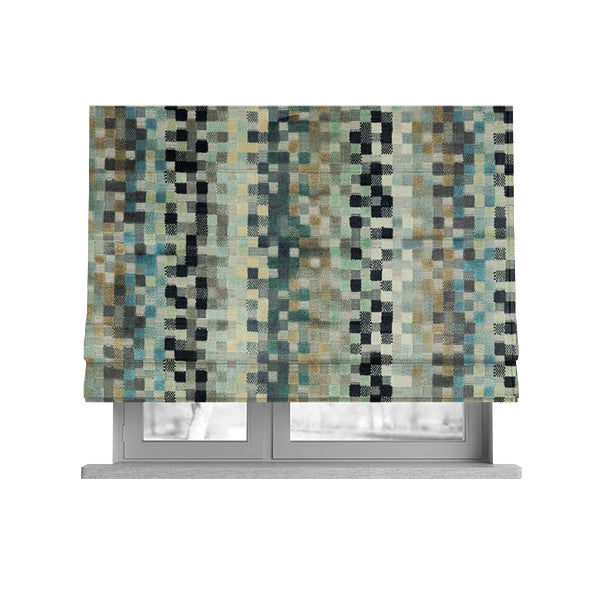 Muted Tones Blues Beige Grey Colour Cubed Geometric Pattern Cut Velvet Furnishings Fabric JO-1261 - Roman Blinds