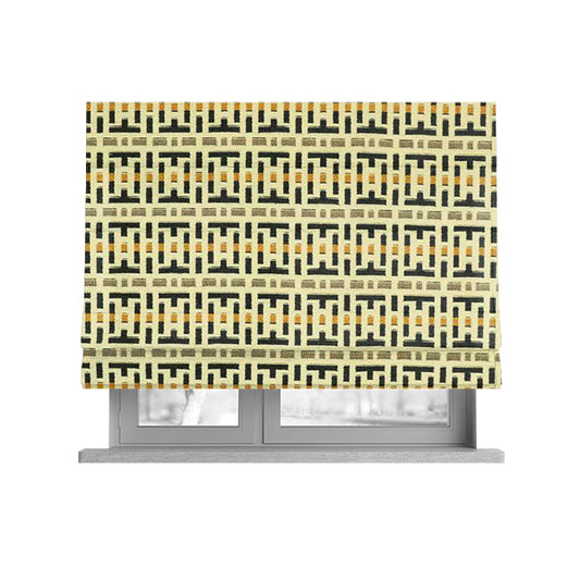 Cream Black Brown Yellow Geometric Pattern Chenille Upholstery Fabric JO-1292 - Roman Blinds