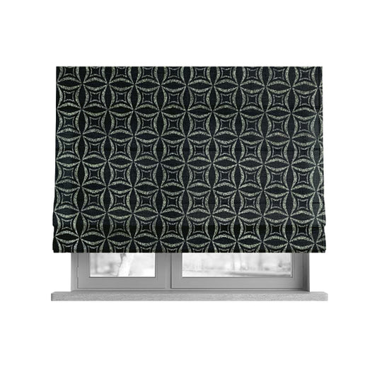 Diamond Geometric Pattern Black Silver Colour Chenille Upholstery Fabric JO-1308 - Roman Blinds