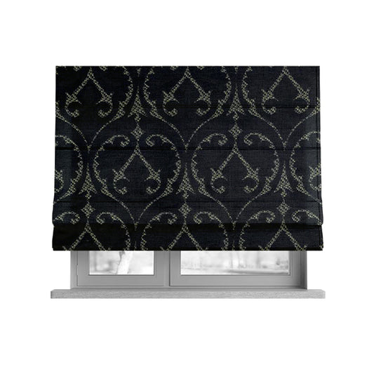 Black Velvet Fleur De Lis Theme Pattern Material Furnishing Upholstery Fabric JO-1324 - Roman Blinds