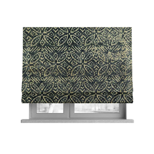 Four Leaf Pattern Beige With Navy Blue Colour Heavy Quality Velvet Upholstery Fabric JO-1332 - Roman Blinds