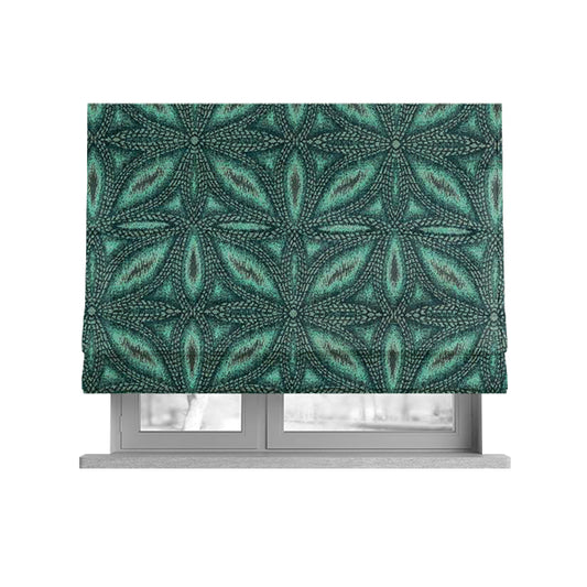 Floral Medallion Pattern Teal Blue Colour Flat Chenille Upholstery Fabric JO-1336 - Roman Blinds